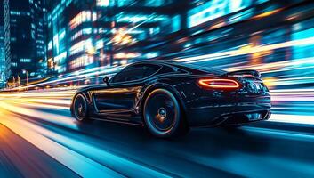 A black sports car driving on a city street at night photo