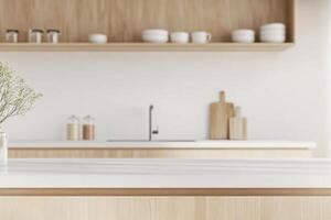 A kitchen with a white counter and wooden shelves photo