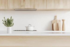 A white kitchen counter with a plant in a vase photo
