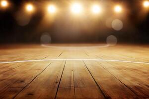 An empty basketball court with lights shining on it photo