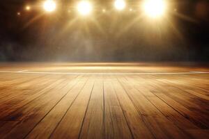 An empty basketball court with lights shining on it photo