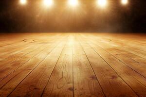 An empty basketball court with lights shining on it photo