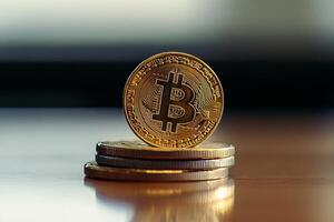 A bitcoin sitting on top of three coins photo