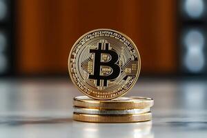 A bitcoin is sitting on top of two coins photo