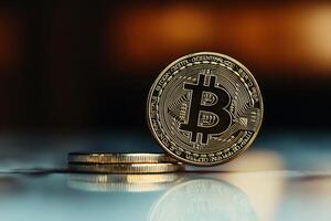 Bitcoin and coins on a table photo