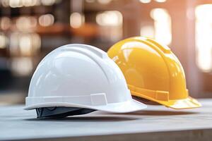 Two hard hats sitting on a table photo