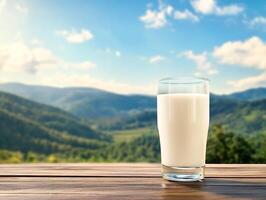 Glass of milk on wooden table with mountains in background photo