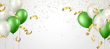 Green and gold balloons and confetti on a white background photo