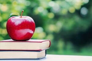 An apple sits on top of two books photo