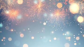 Fireworks on blue background with bokeh effect photo