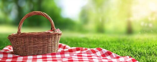 Picnic basket on grass with green background photo