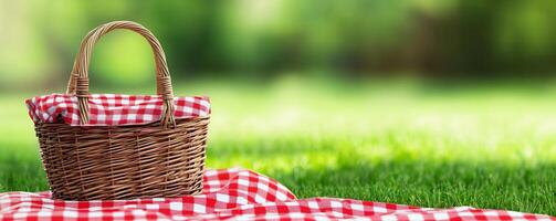 Picnic basket on grass with red and white checkered cloth photo