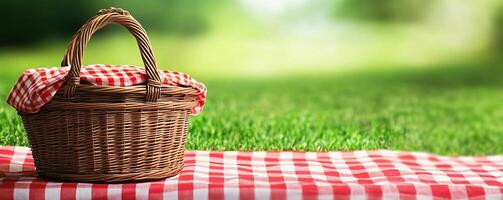 Picnic basket on grass with green background photo
