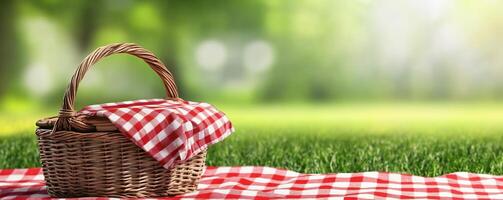Picnic basket on grass with checkered cloth photo