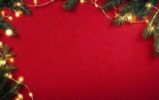 Christmas background with christmas lights and fir branches on red background photo