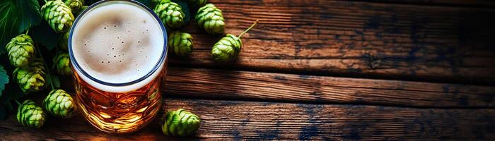 A glass of beer and some hops on a wooden table photo