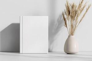 Blank book and vase on white surface with shadow photo