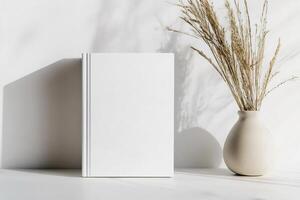 Blank white book on white table with vase of dry grass photo
