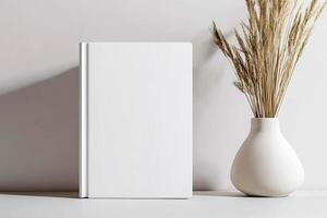 Blank white notebook mockup on white table photo