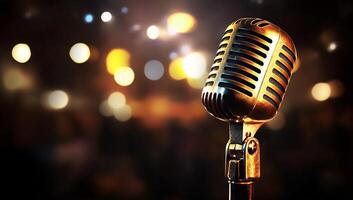 A microphone is shown in front of a crowd photo
