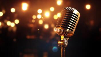 A microphone on a stage with lights in the background photo