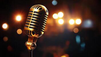 A microphone is shown in front of a stage photo