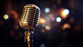 A microphone is shown in front of a crowd photo