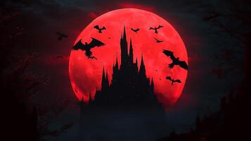 A red moon with bats flying over a castle photo