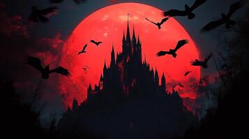 A castle with bats flying around it in front of a red moon photo