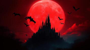 A castle with bats flying around it and a red moon photo
