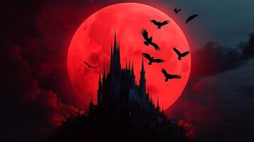 A castle with bats flying over it and a red moon photo