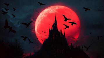 A castle with bats flying around it and a red moon photo