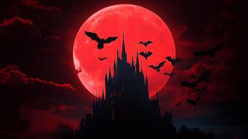 A castle with bats flying around it and a red moon photo