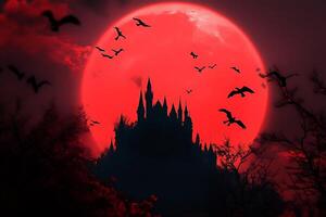 A castle with bats flying around it in front of a red moon photo