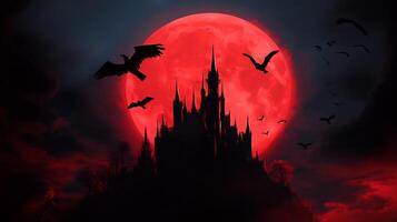 A castle with bats flying over it and a red moon photo