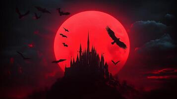 A castle with bats flying around it and a red moon photo