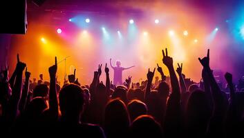 A crowd of people at a concert with their hands up photo