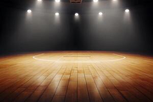 An empty basketball court with lights shining on it photo
