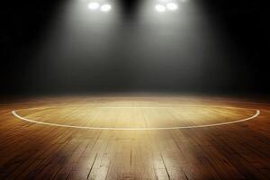 An empty basketball court with lights shining on it photo