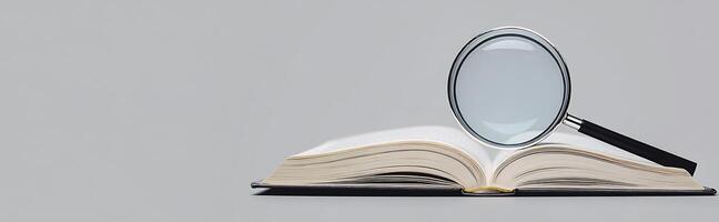 Magnifying glass on open book photo