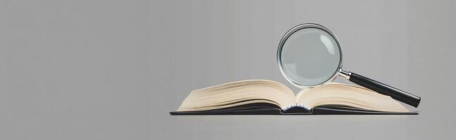 A magnifying glass is sitting on top of an open book photo