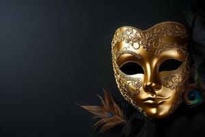 A gold mask with feathers on a black background photo