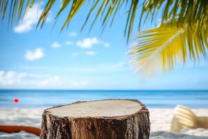 A tree stump on the beach with a blue sky and a red ball photo