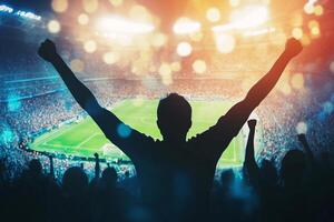 A man is raising his arms in front of a stadium photo