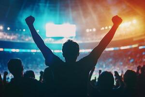 A person with their arms raised in front of a crowd photo