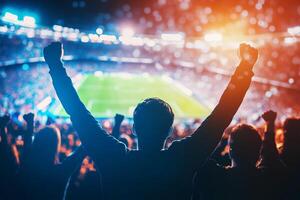 A group of people cheering at a soccer game photo