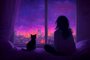 A woman and a cat looking out the window at the city photo