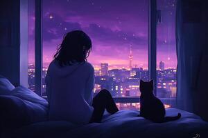A woman and a cat sitting on a bed looking out a window photo
