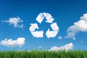 Recycling symbol on grass with blue sky and clouds photo