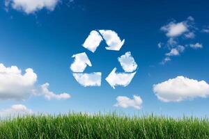 Recycling symbol on grass with blue sky and clouds photo